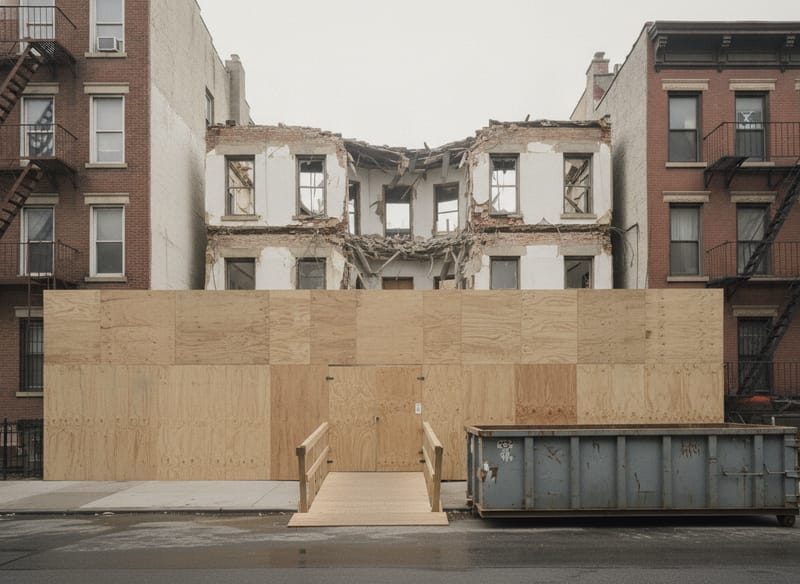 A demolition site set up before work: plywood hoarding across the frontage, a boarded walkway in from the kerb and an open-top container standing ready