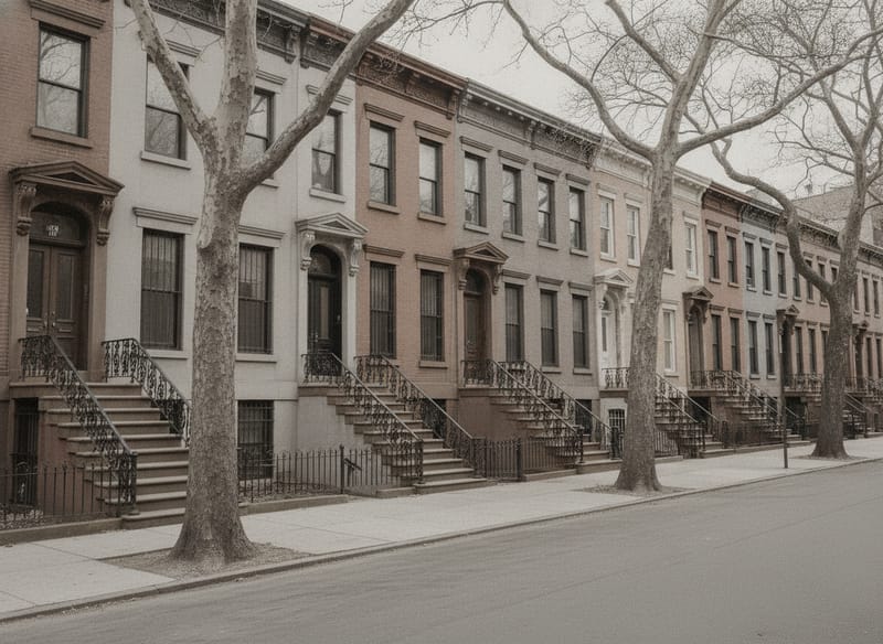 A terrace of brownstone row houses with high stoops and iron railings, cornices running the length of the roofline