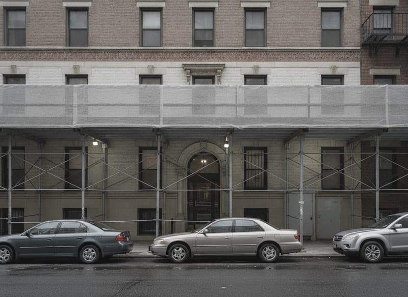 A pre-war masonry apartment building behind a sidewalk shed, with a service entrance beside the main doorway and cars parked nose to tail