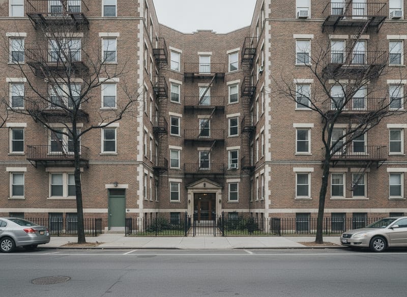 A pre-war six-storey brick elevator building with a recessed courtyard entrance and a plain service door at the side