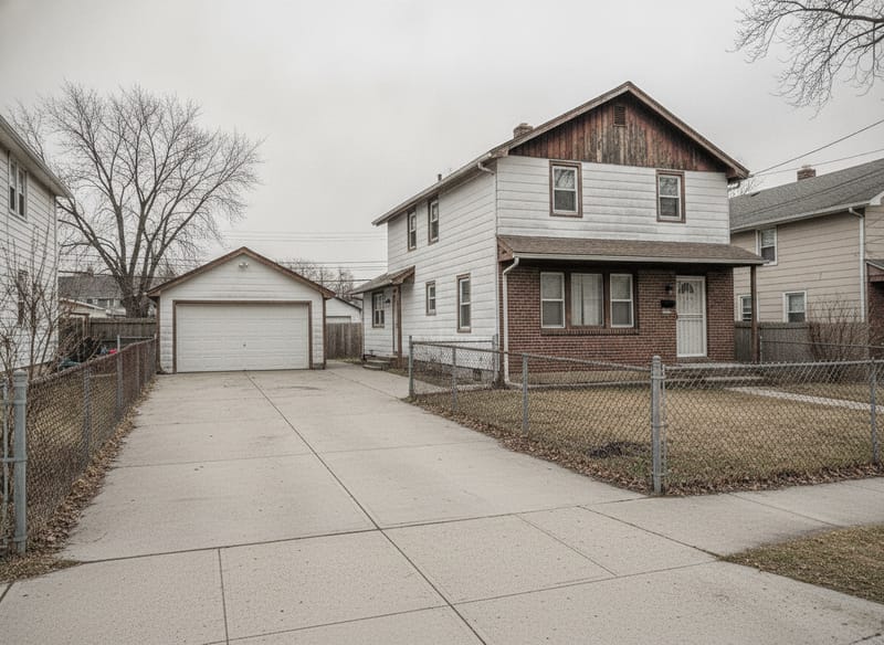 A detached two-storey frame house with a separate garage and a concrete driveway wide enough for a truck