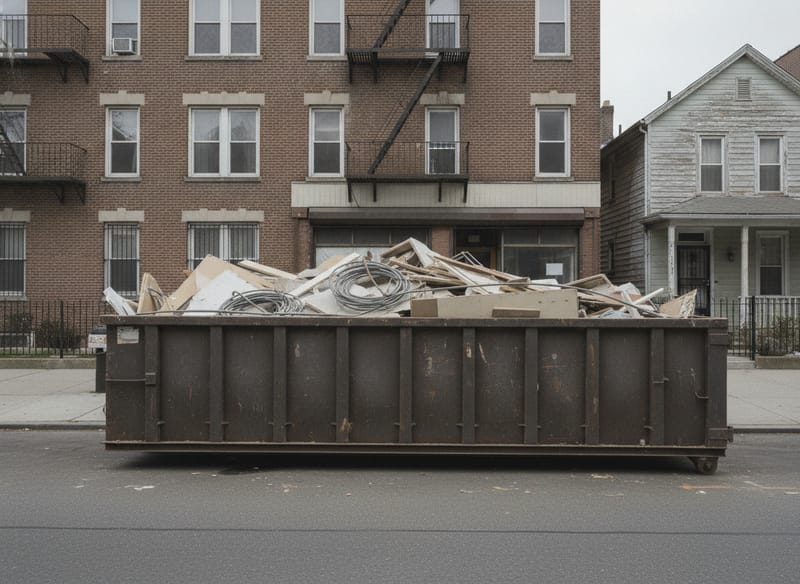An open-top roll-off container at a kerb, filled with mixed plasterboard, timber and broken brick
