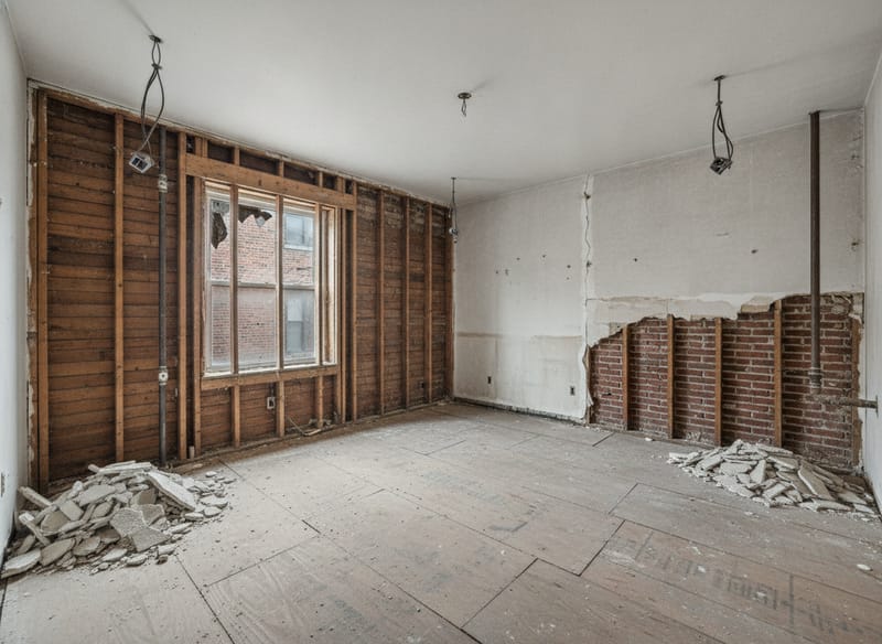 A residential room stripped back to bare timber studs, with old plaster partly removed and the floor boarded over