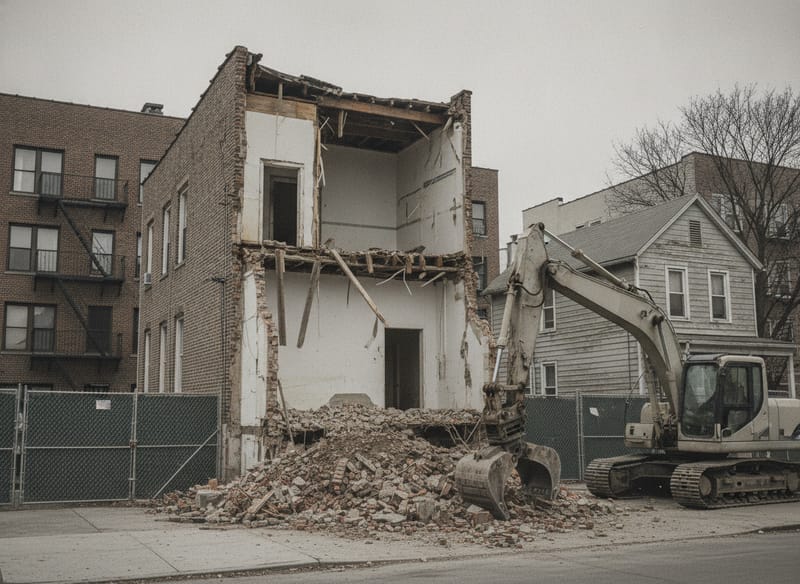 A small brick building partially demolished, its floor joists visible in section and rubble contained at the base