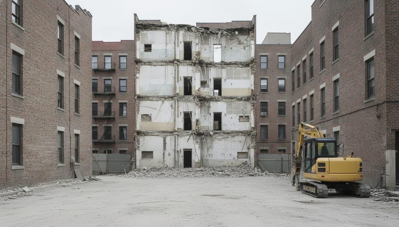 A partially demolished low-rise brick building with an exposed party wall, on a cleared urban site
