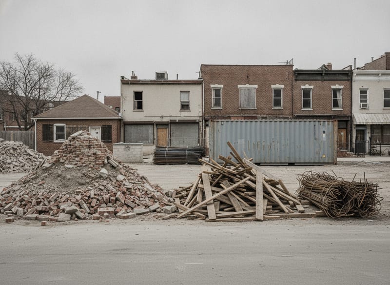 Demolition arisings sorted before loading: clean broken masonry in one stack, timber in another, scrap conduit bundled, with an open-top container waiting behind