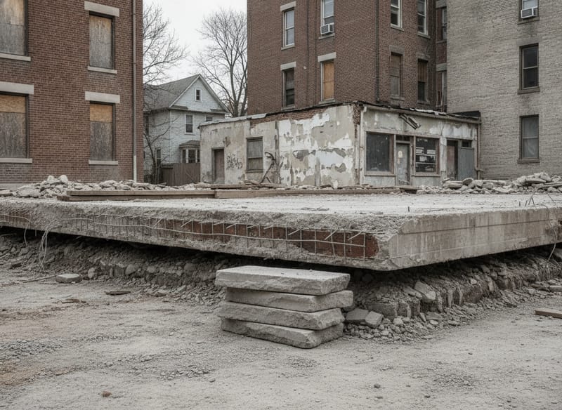 The broken edge of a concrete slab with reinforcement mesh cut back flush, fractured sections stacked in carryable pieces and the sub-base exposed beneath