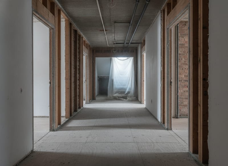 A corridor in a pre-war apartment building mid gut-out, walls back to studs, doorframes removed and protective boards covering the floor