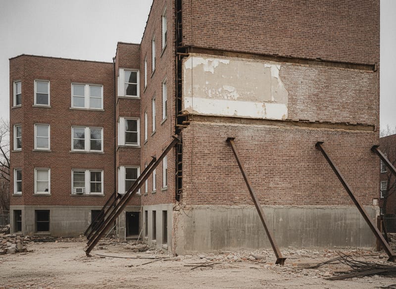 An exposed brick party wall braced with raking steel shores after an adjoining section was removed, with a clean vertical cut line down the brickwork